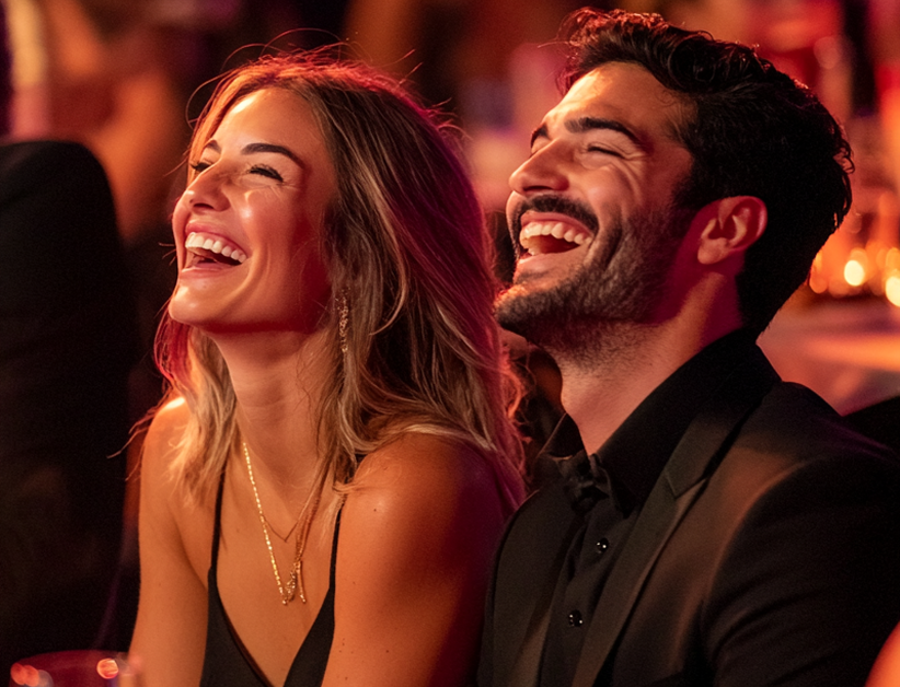 A man and a woman laughing in a restaurant's comedy show.